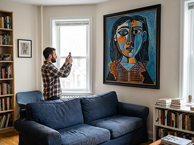 Person photographing artwork for online valuation